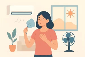 Homeowner comparing different air conditioning systems for a residential property: wall mounted air con, a paper fan and a desk fan