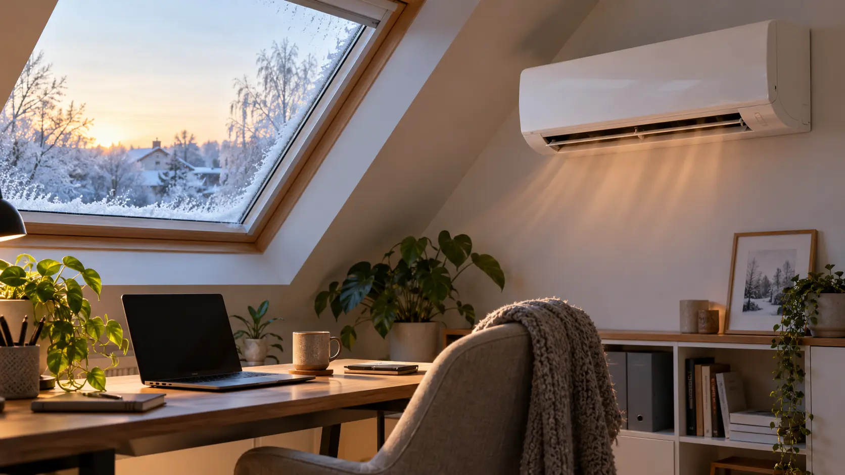 White wall-mounted air conditioning unit warming a loft conversion home office on a frosty winter morning