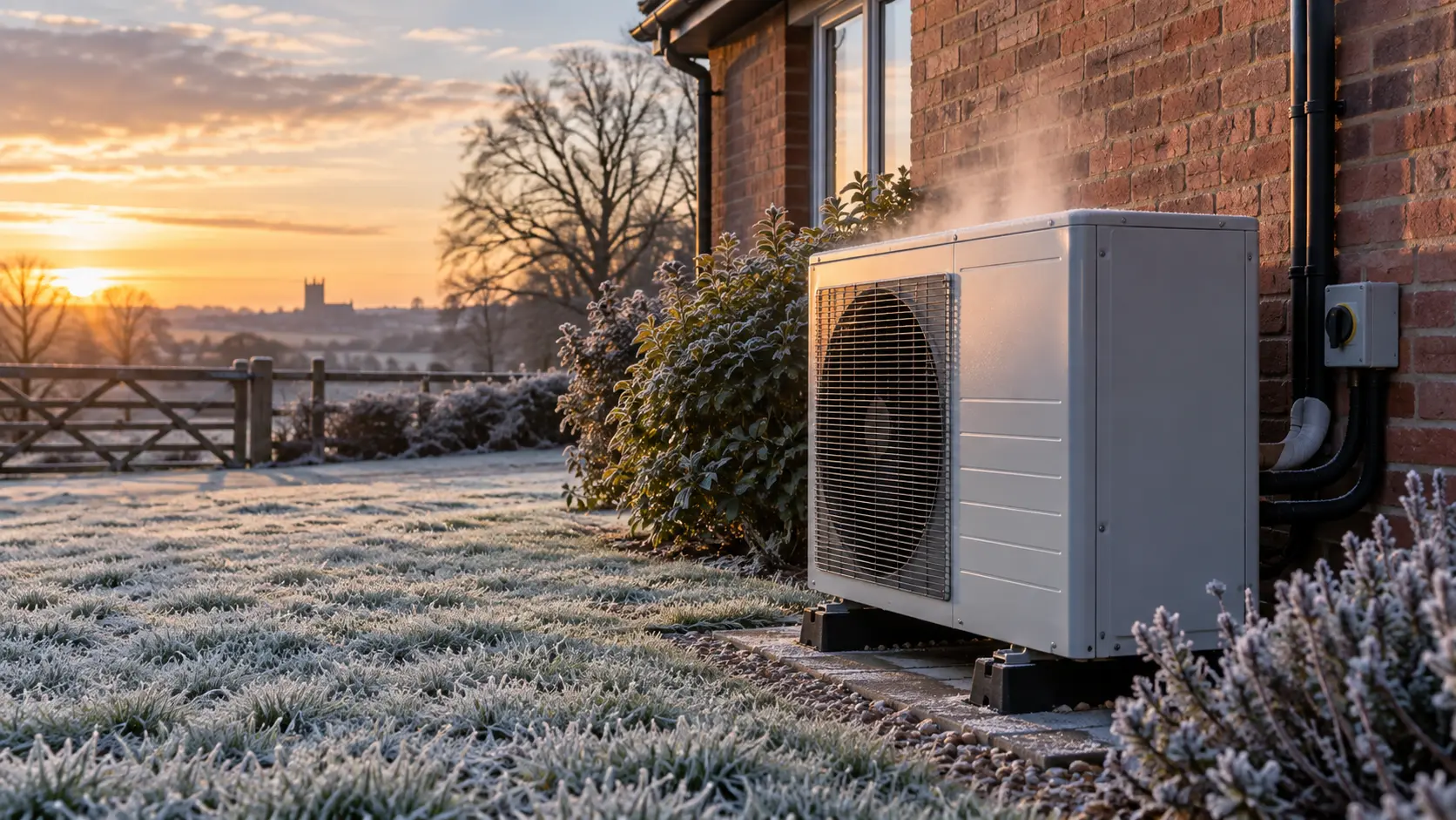 Air source heat pump outside a brick house on a frosty Lincolnshire morning, with vapour rising during a defrost cycle