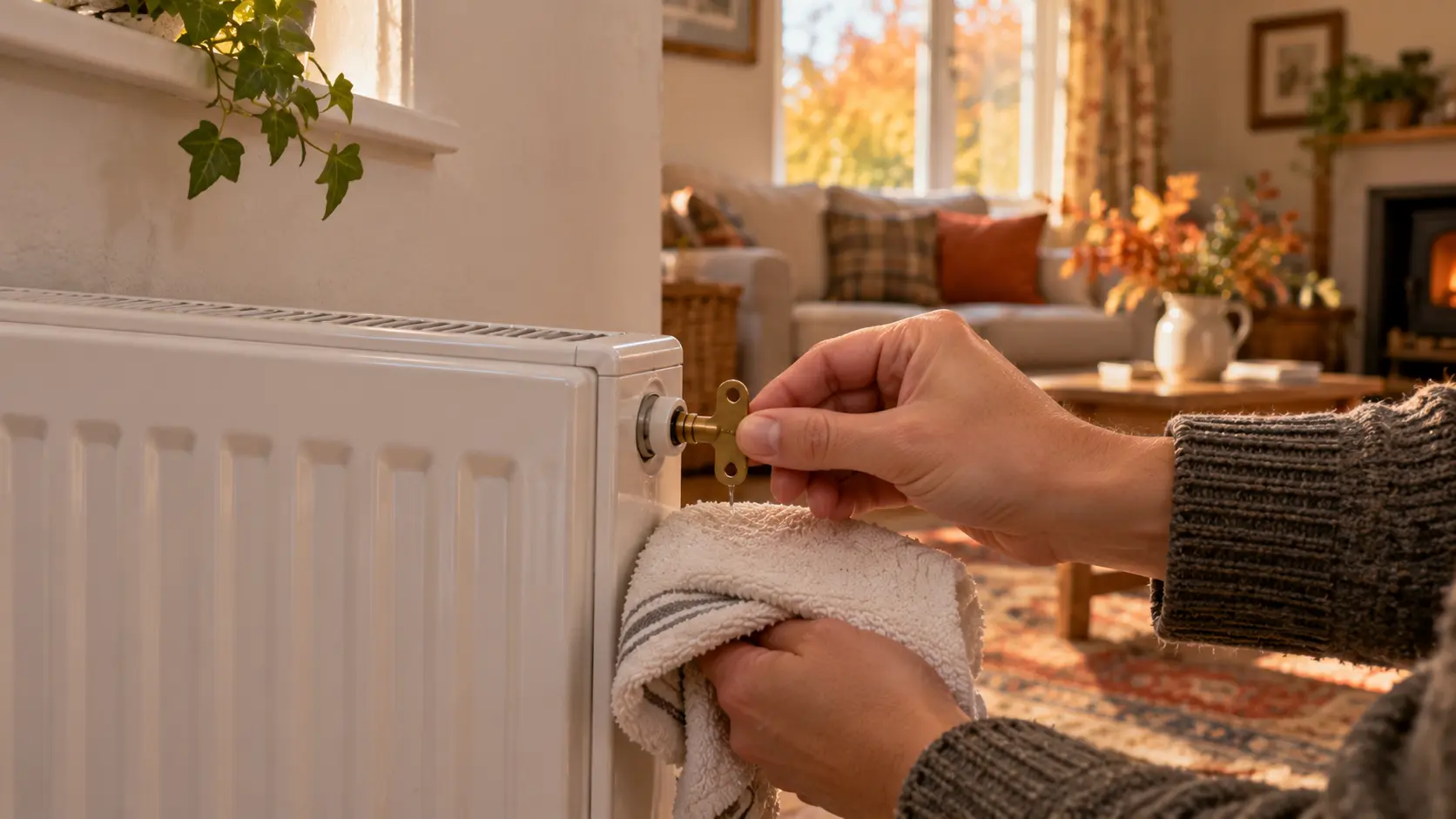 Hand using a brass radiator key to bleed a white panel radiator, with a cloth underneath to catch drips